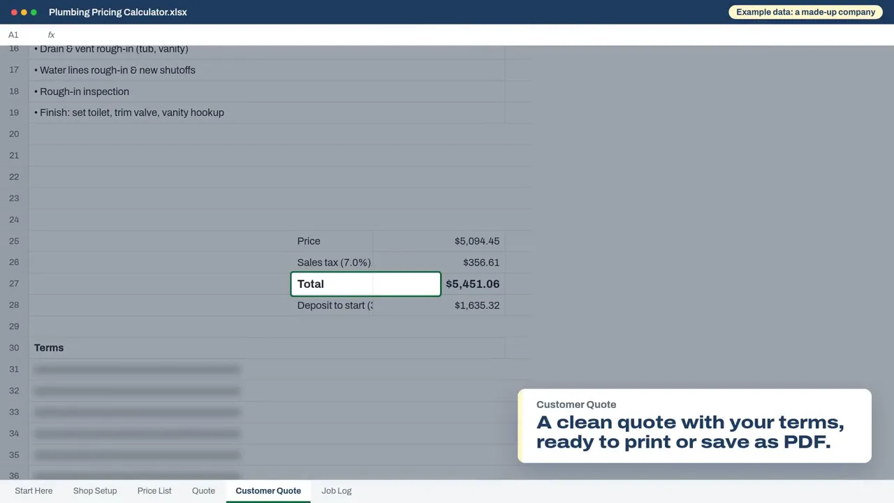 The Customer Quote tab, ready to print or save as PDF