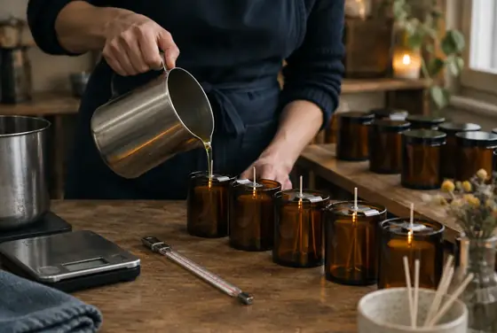 Melted wax being poured into a row of amber glass candle jars