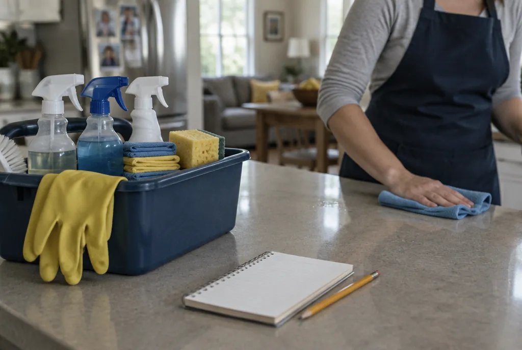 A house cleaner's supply caddy, gloves and a notebook on a kitchen counter while the counter is wiped down