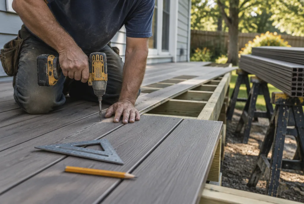 A deck builder fastening composite deck boards to the joists of a new backyard deck