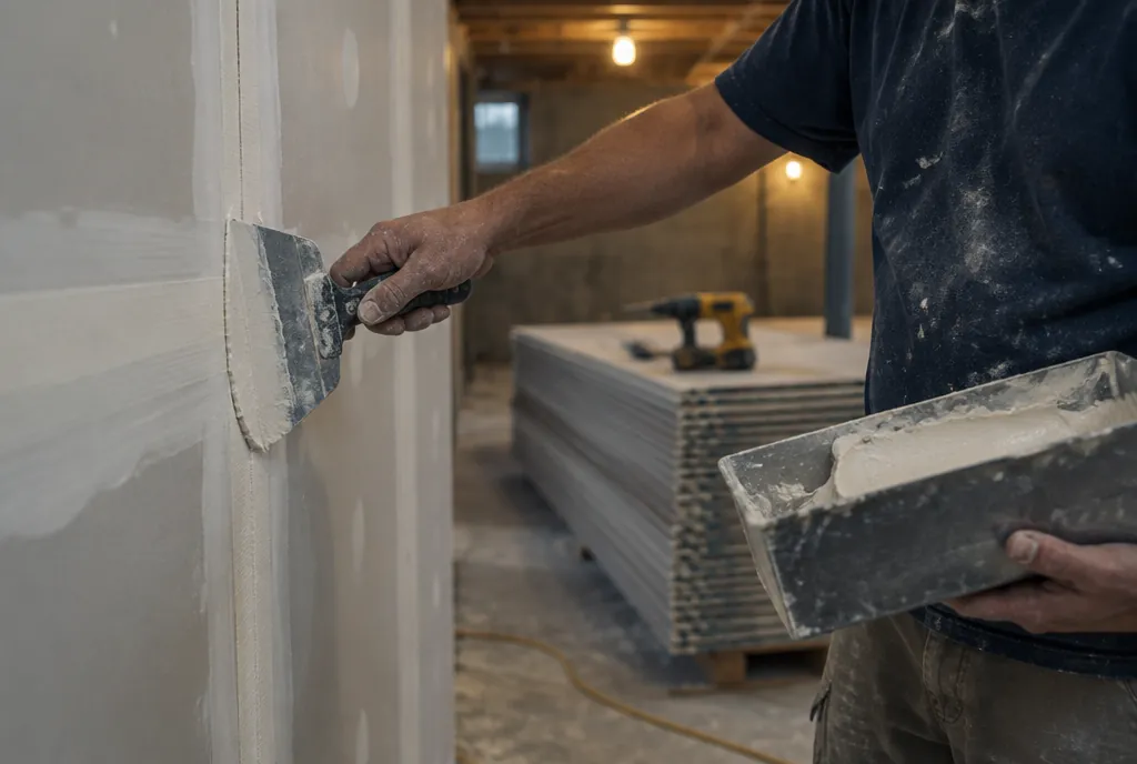 A drywall finisher skimming joint compound over a taped seam in a basement