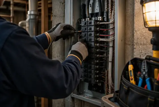 An electrician landing a wire on a breaker in an open residential panel