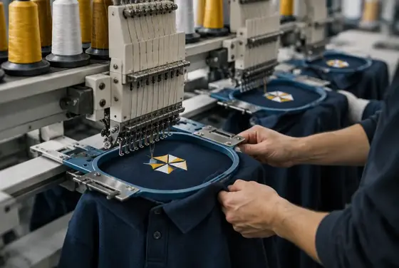 A multi-head embroidery machine stitching a chest emblem onto navy polo shirts
