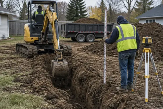 A mini excavator digging a trench while a worker checks depth with a grade stick and laser level