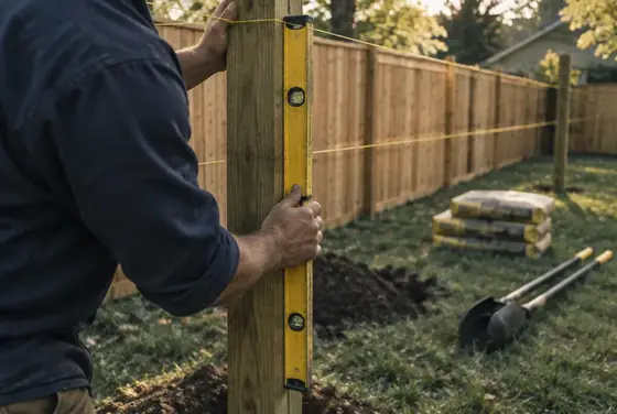 A fence builder plumbing a new post with a level along a stringline