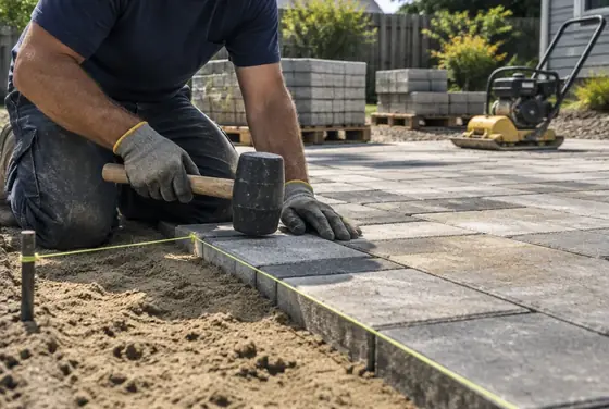 A hardscaper setting pavers into a sand bed with a rubber mallet along a string line