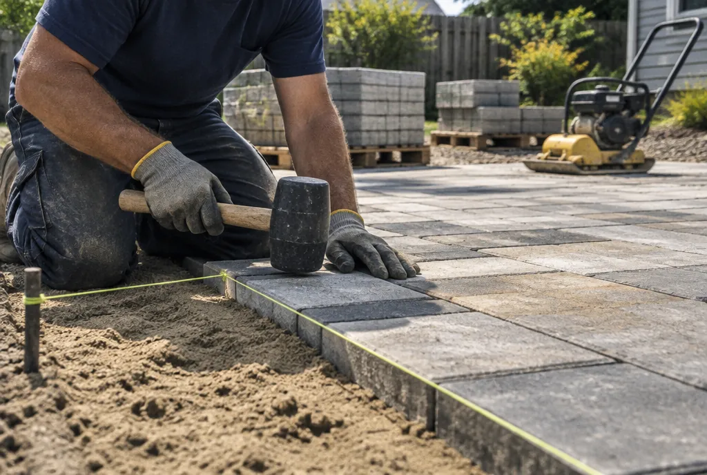 A hardscaper setting pavers into a sand bed with a rubber mallet along a string line