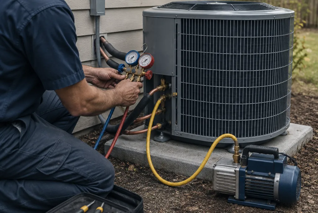 An HVAC technician connecting refrigerant gauges to a new outdoor condenser
