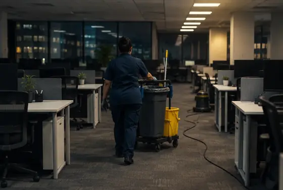 A commercial cleaner pushing a janitorial cart through an office after hours