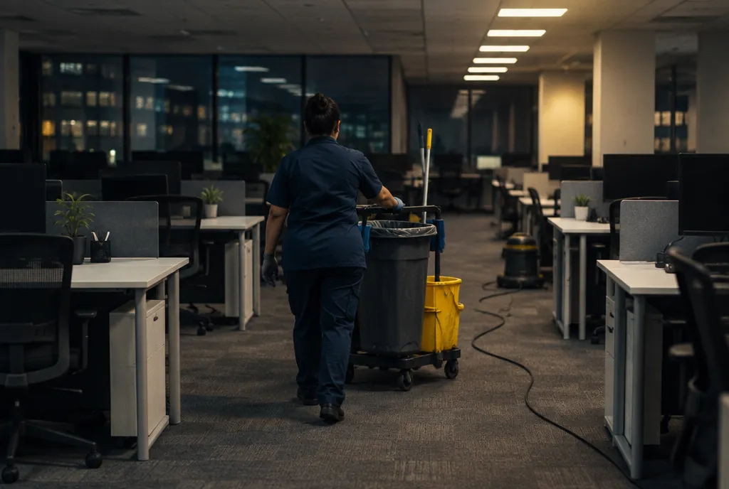A commercial cleaner pushing a janitorial cart through an office after hours