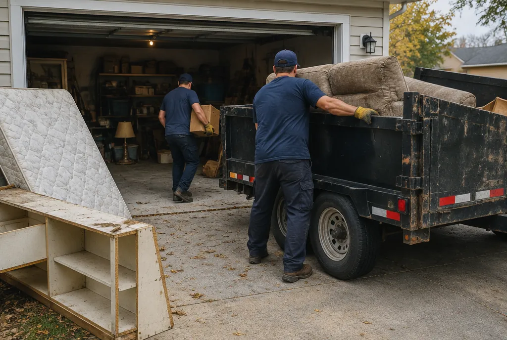 A junk removal crew loading an old couch and boxes from a garage into a dump trailer