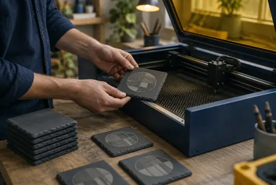 Freshly engraved slate coasters being lifted out of a desktop laser engraver