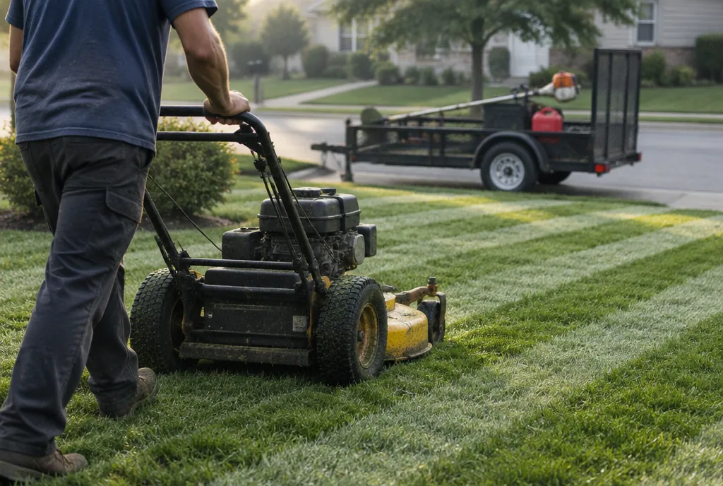 A lawn care worker mowing stripes into a front lawn, with the trimmer trailer at the curb