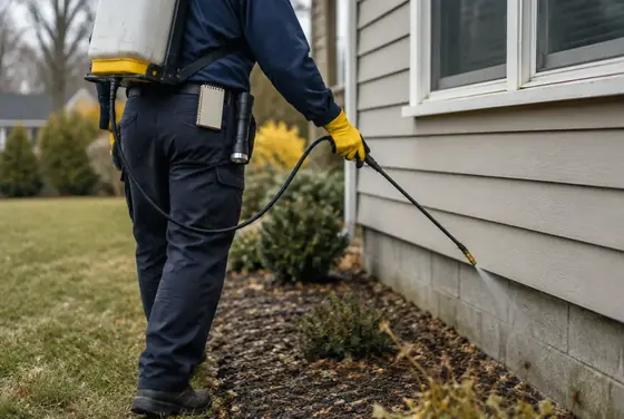 A pest control technician spraying a perimeter band along a house foundation