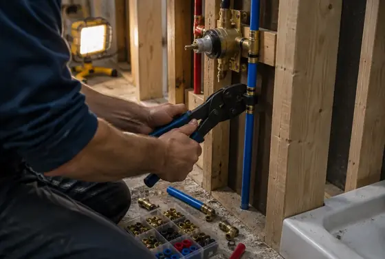 A plumber crimping PEX lines behind a new shower valve in an open wall
