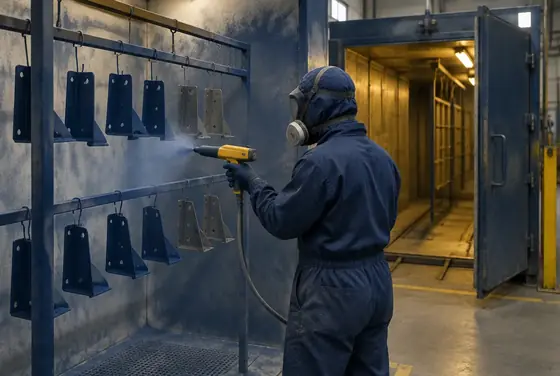 Powder being sprayed onto steel brackets hanging in a coating booth