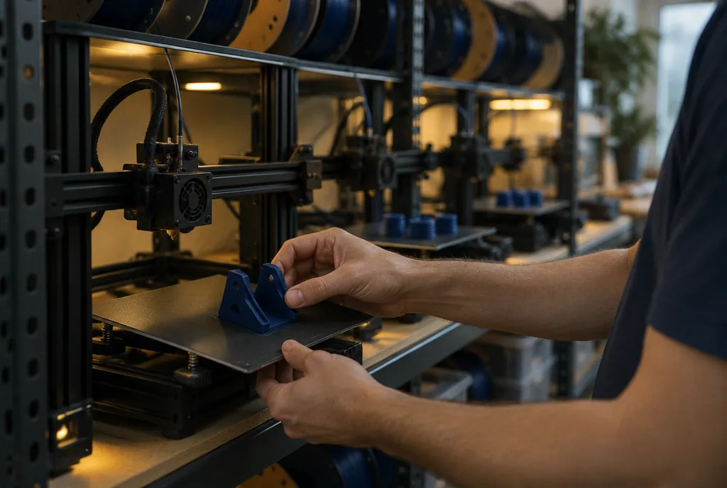 A finished 3D printed jig being removed from a print bed in a small print farm