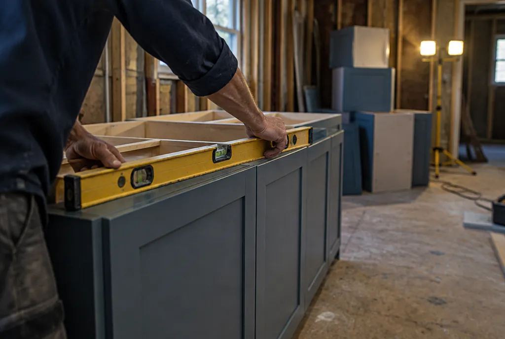 A contractor leveling newly installed base cabinets in a gutted kitchen