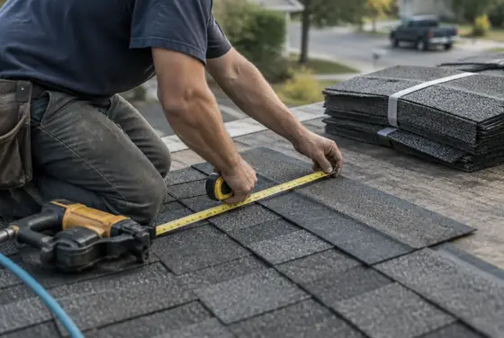 A roofer measuring shingles with a tape measure on a half-shingled roof