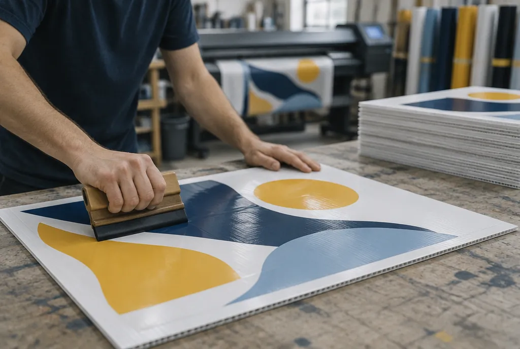 Printed vinyl being squeegeed onto a yard sign in a small sign shop