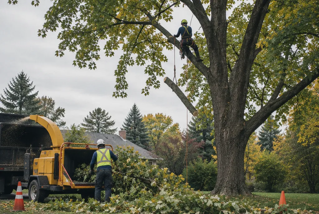 A tree climber rigging a limb high in a maple while a ground worker feeds the chipper