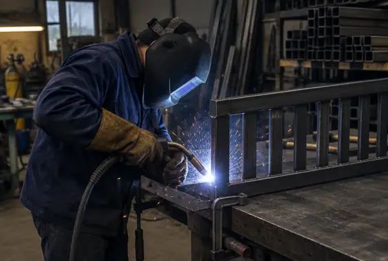 A welder MIG welding a steel railing panel clamped to a shop bench