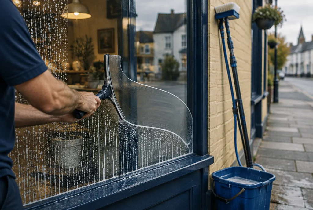 A window cleaner pulling a squeegee across a soapy storefront window